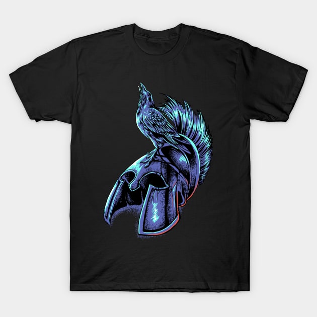 Crow on helmet of a Spartan T-Shirt by Modern Medieval Design